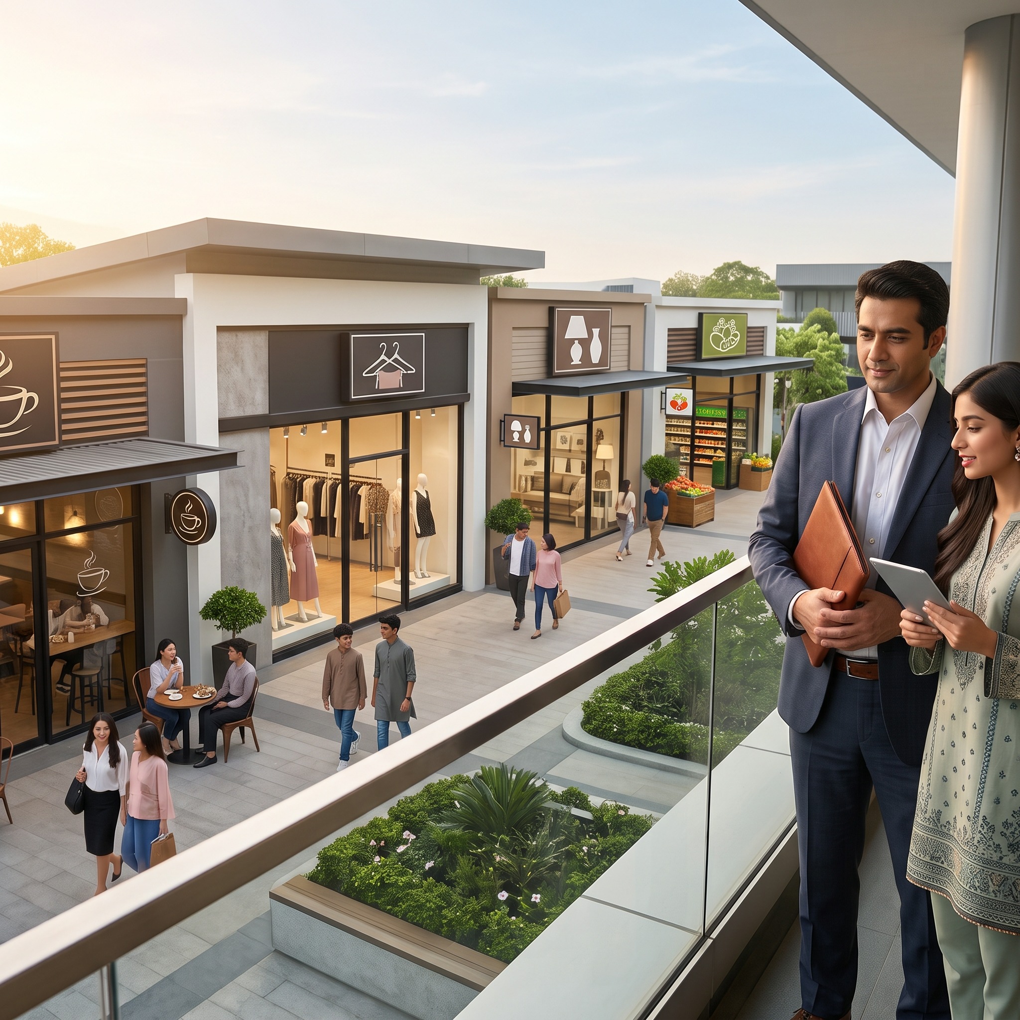 Entrepreneurs overlooking active retail businesses representing a U.S. enterprise investment
